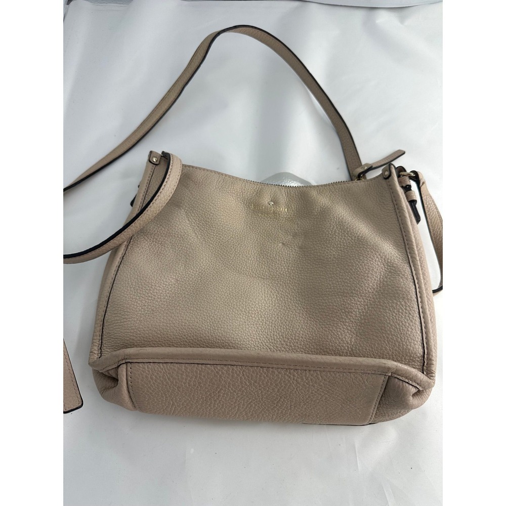Kate Spade New York Pebbled Leather Crossbody Bag Taupe Beige Zip Top Gold Logo